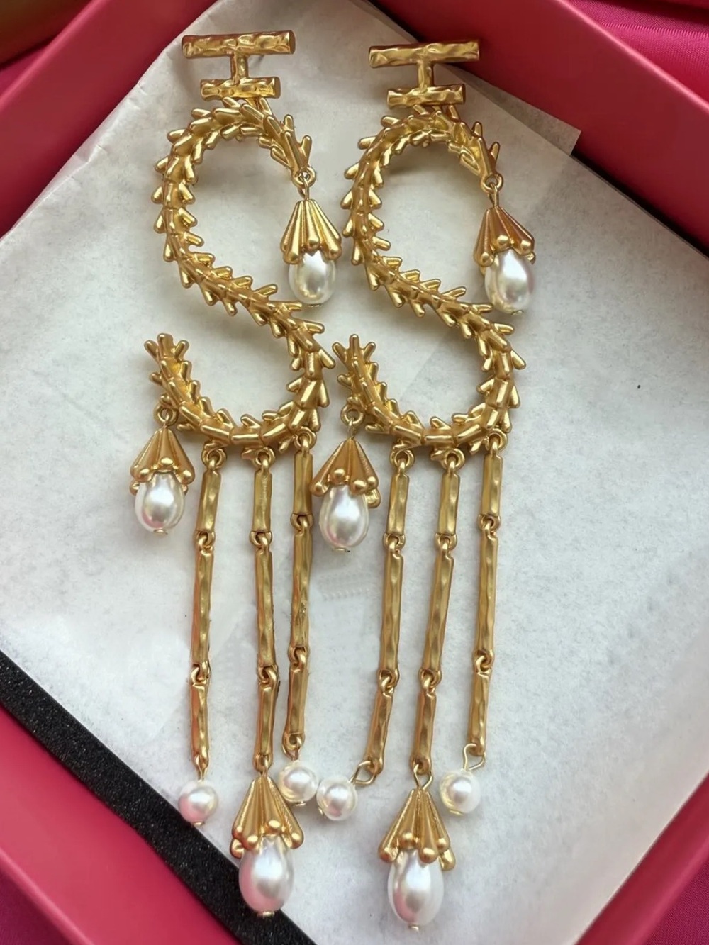 Vintage Gold Pearl Drop Chandelier Earrings